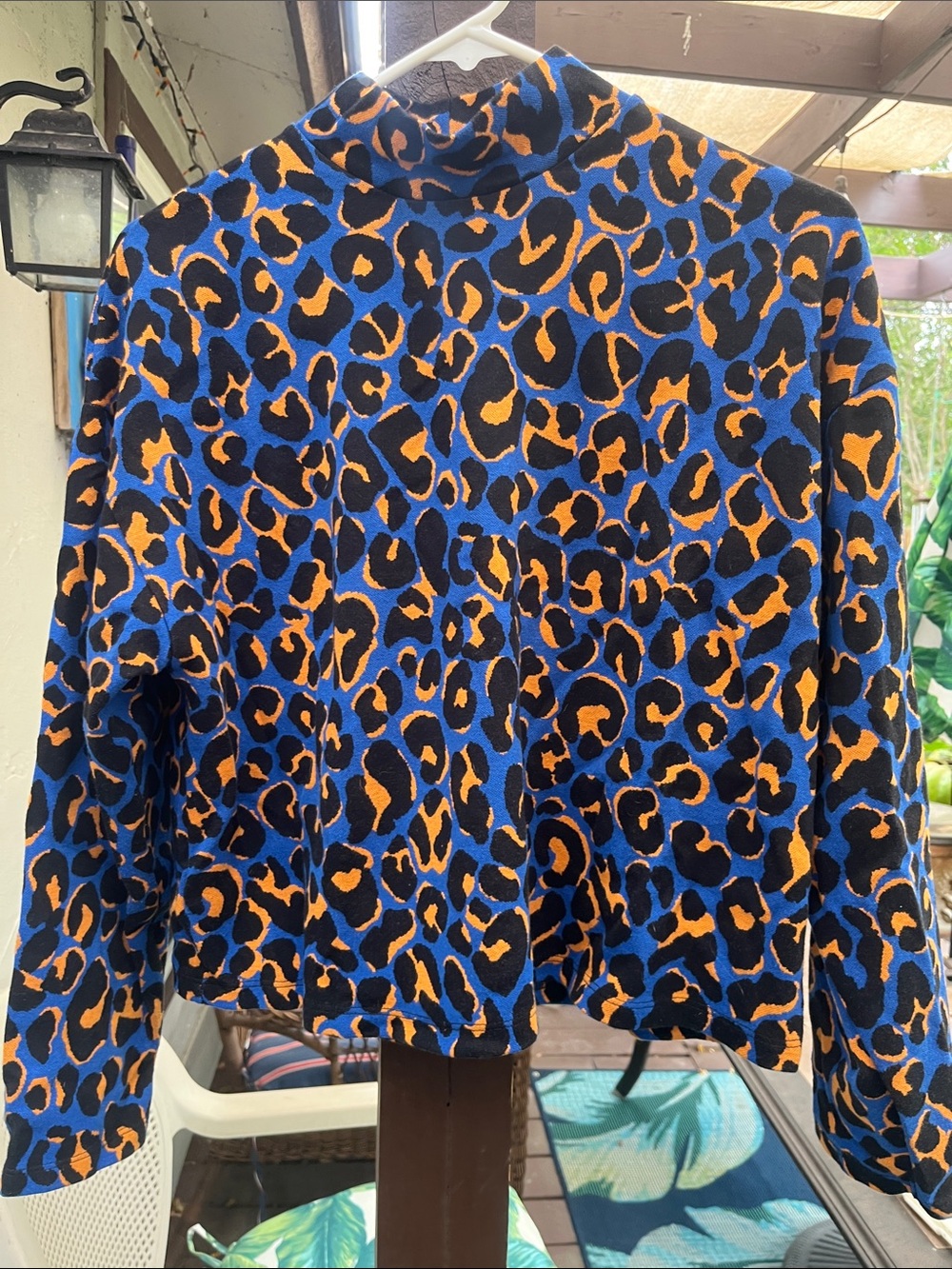 Zara Blue Orange Leopard Jacquard Long Sleeve Top EUC Sz M